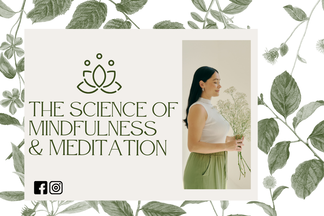The woman, flowers, and cool colors promote mindfulness and relaxation.