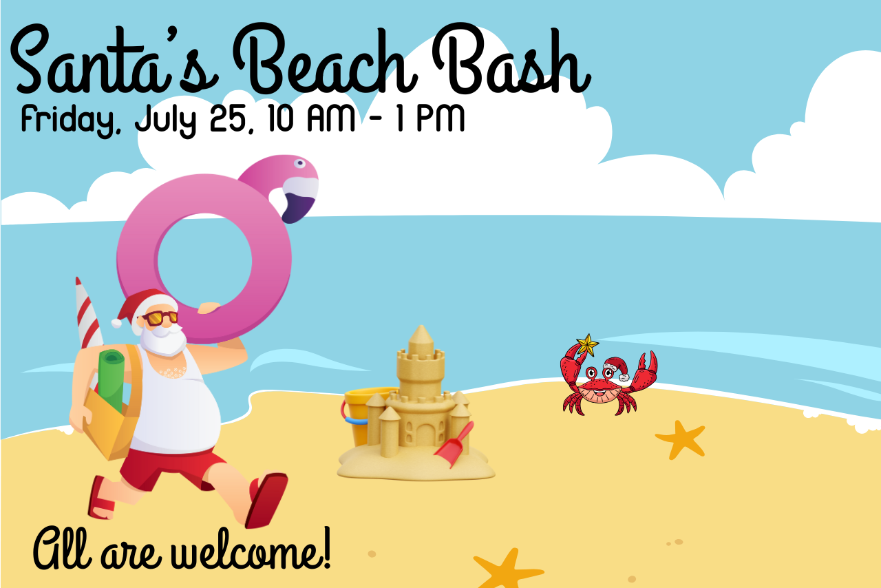 Santa's Beach Bash is at Eaton Township. Santa is on the beach with his floaty and his little crabby friend.