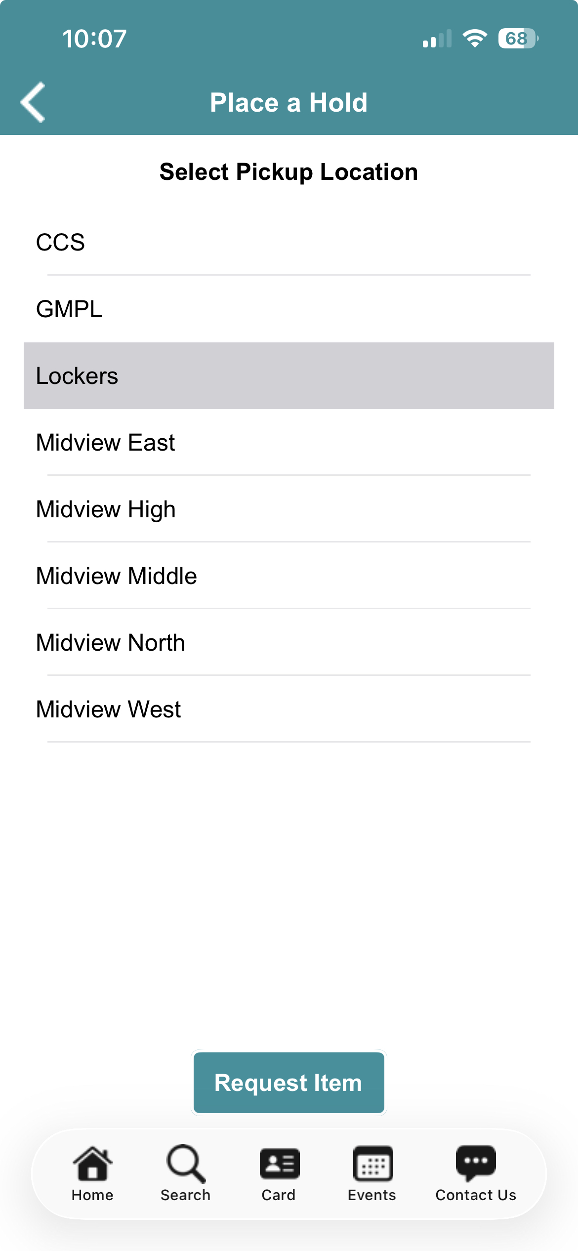 Screenshot choosing a hold pickup location in the app