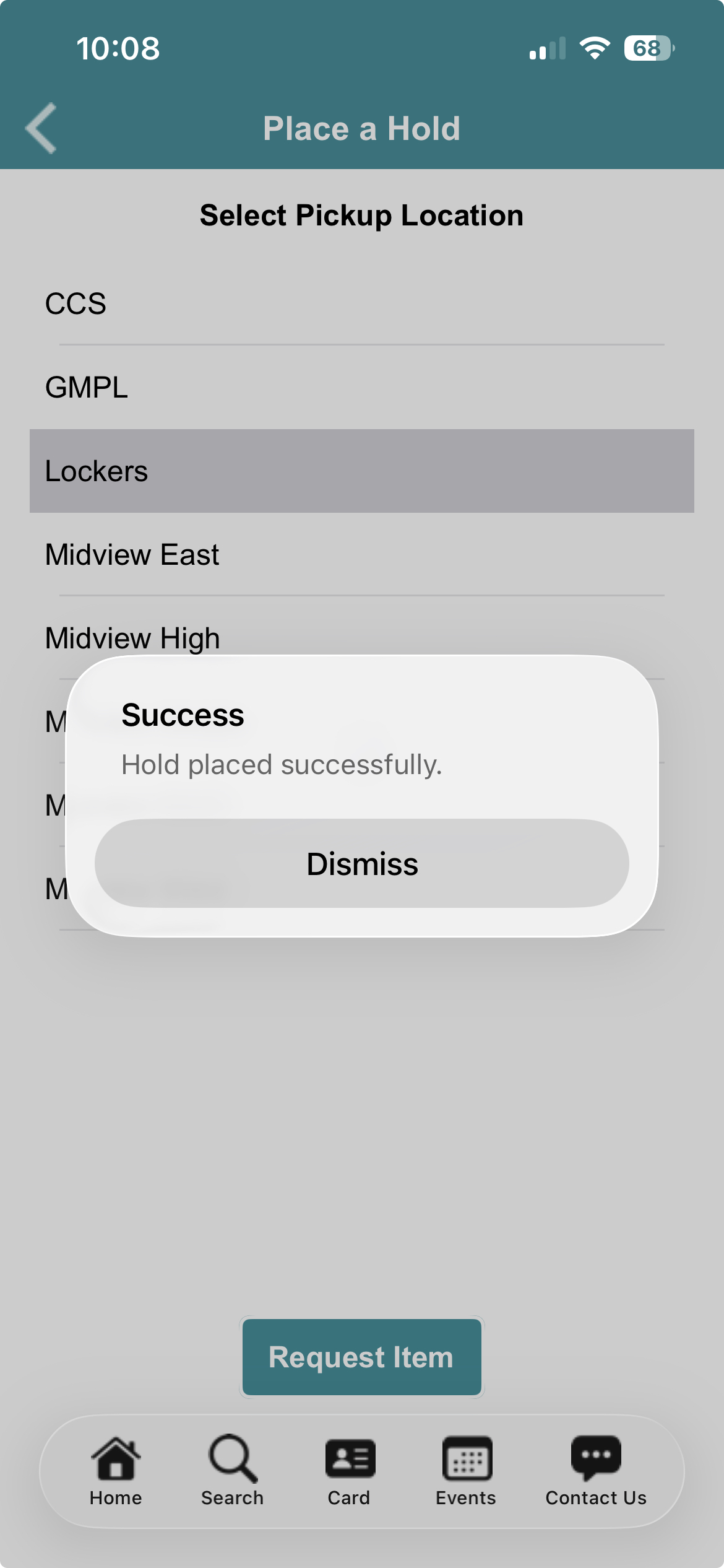 Screenshot confirmation of hold placed in the app
