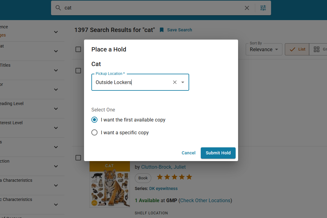 Screenshot showing how to place a hold in the online catalog
