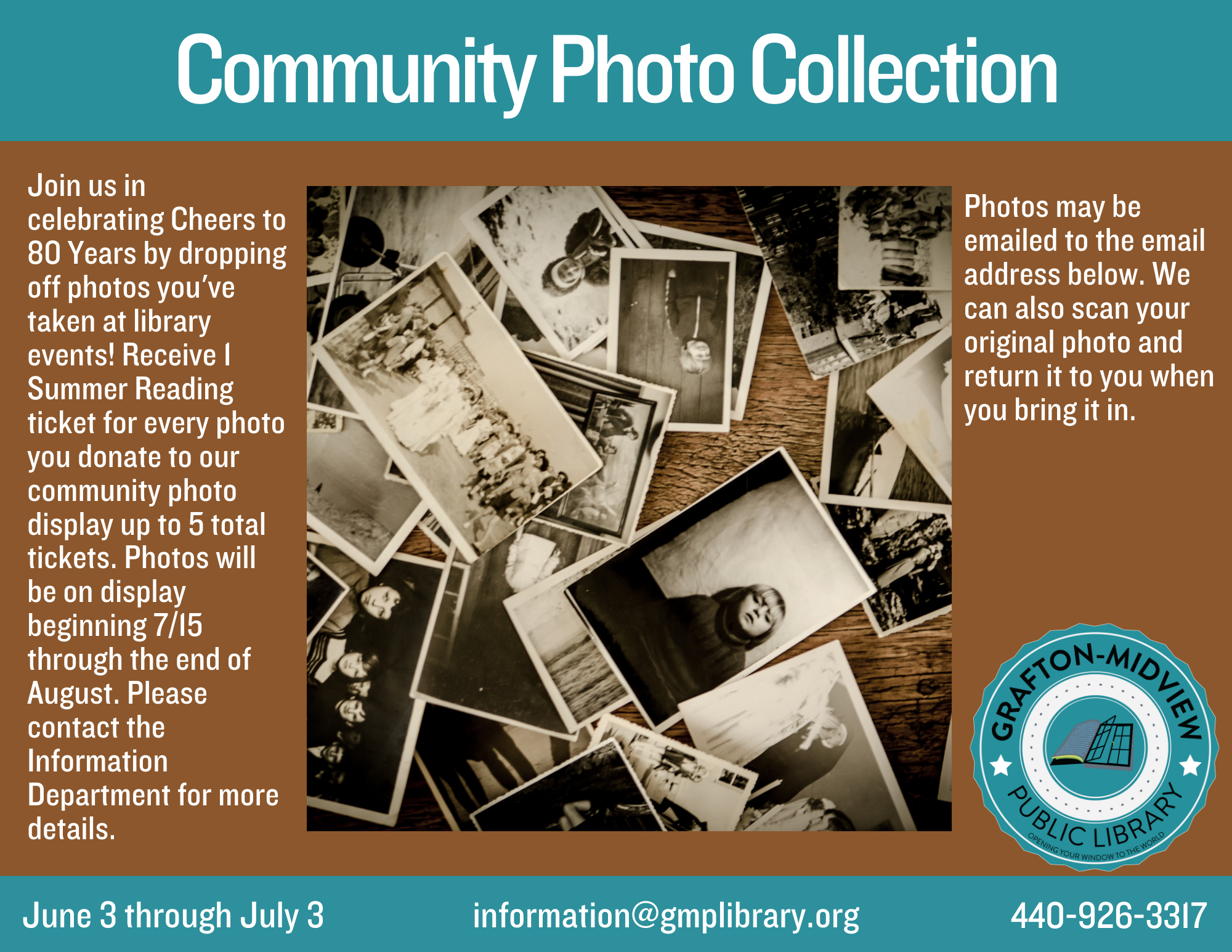 Join us in clebrating Cheers to 80 years by dropping off photos you've taken at library events! Receive 1 Summer Reading ticket for every photo you donate to our community photo display up to a total of 5 tickets. For more details, call the library at 440-926-3317.