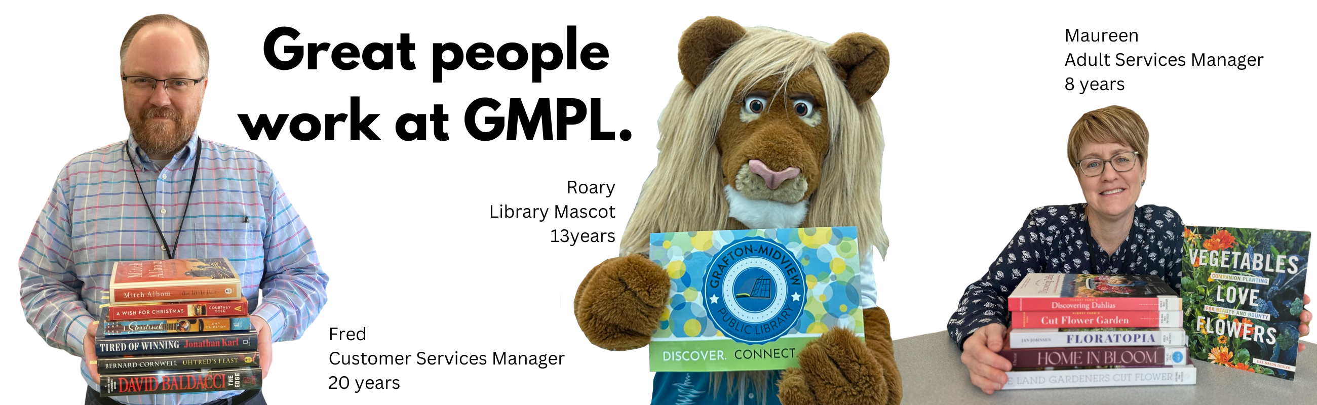 The graphic shows two employees and includes how many years of service each has. It also has our mascot and includes his 13 years of service.