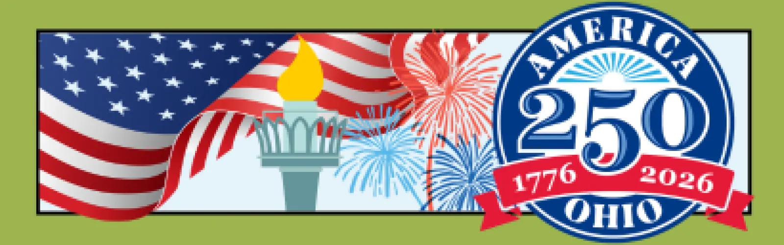 The America 250 logo appears with a waving flag and a torch
