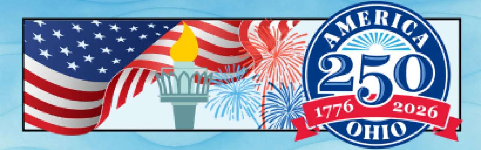 The America 250 logo appears with a waving flag and a torch