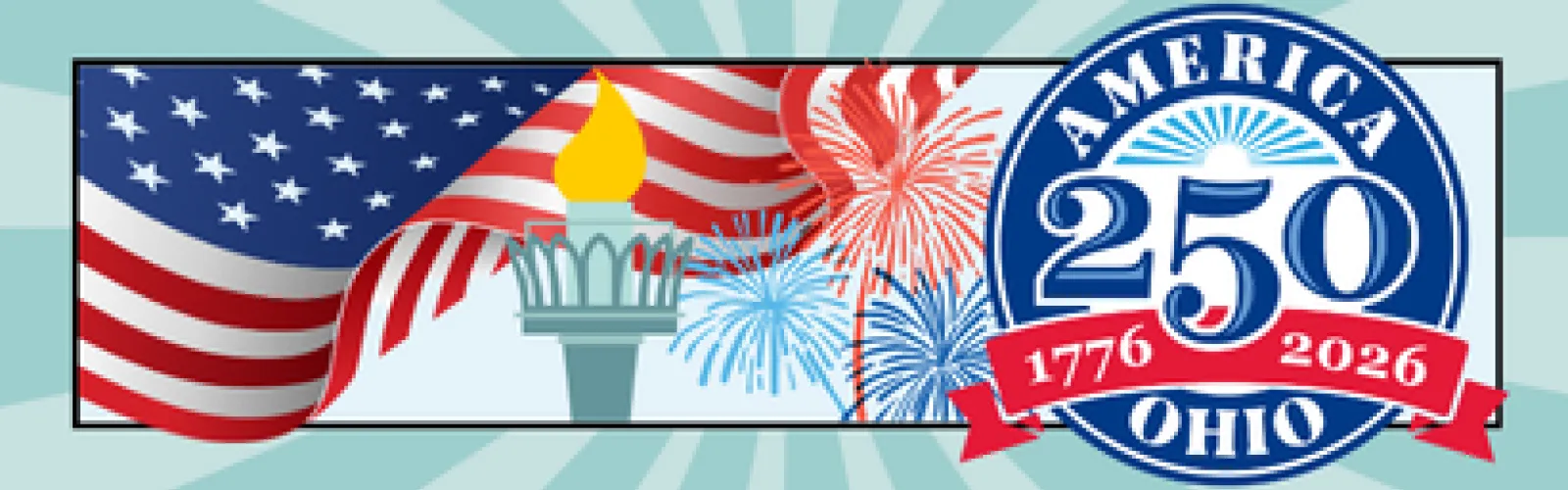 The America 250 logo appears with a waving flag and a torch