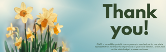 The graphic shows daffodils and the words "Thank You." GMPL thanks you for reaching out to your  representatives to tell them the importance of libraries.